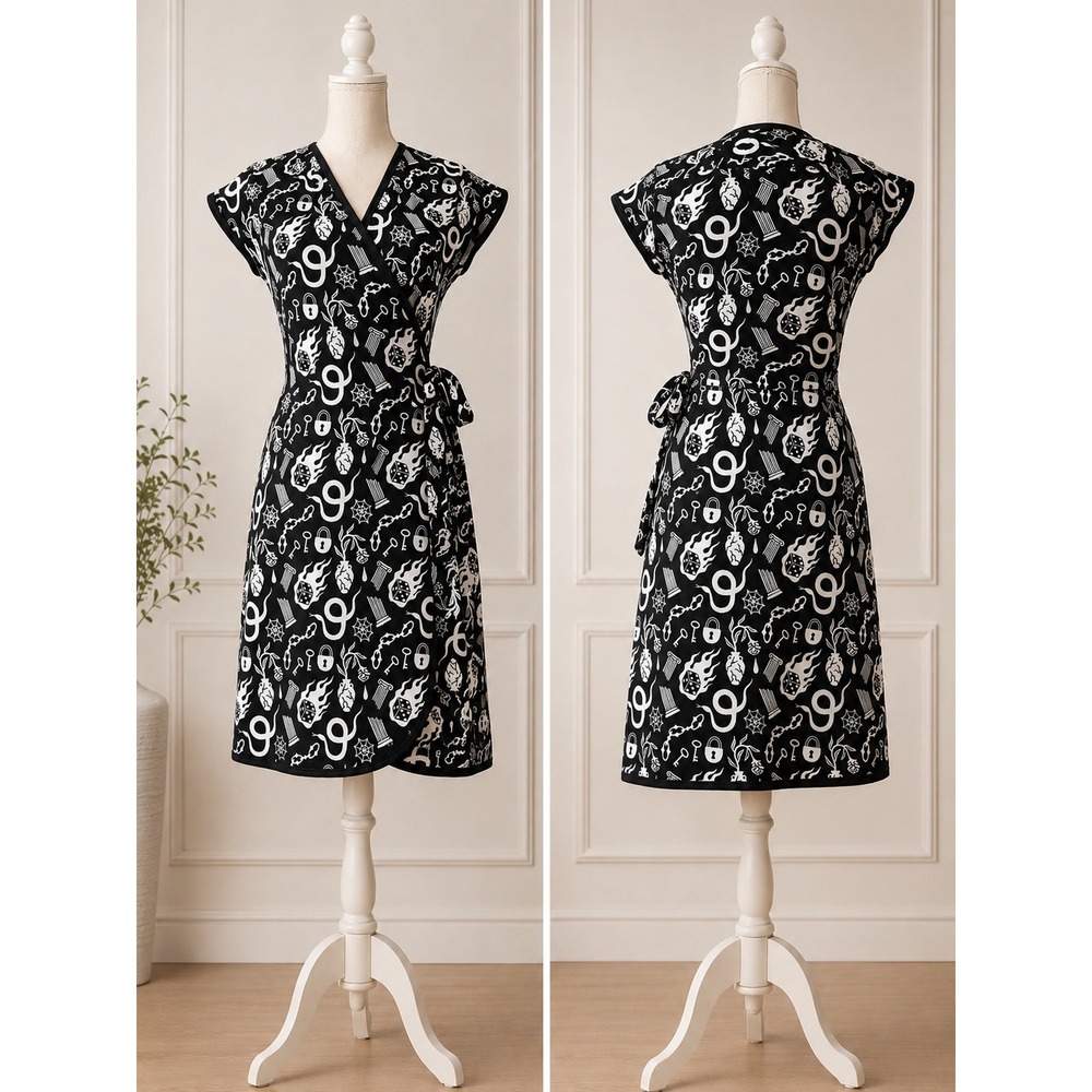 NWT Nooworks Odin Tattoo Flash Wrap Dress S Rockabilly Gothic Pinup
